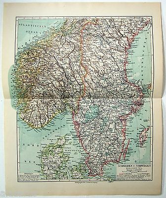Original 1924 German Map of Southern Sweden & Norway by Meyers