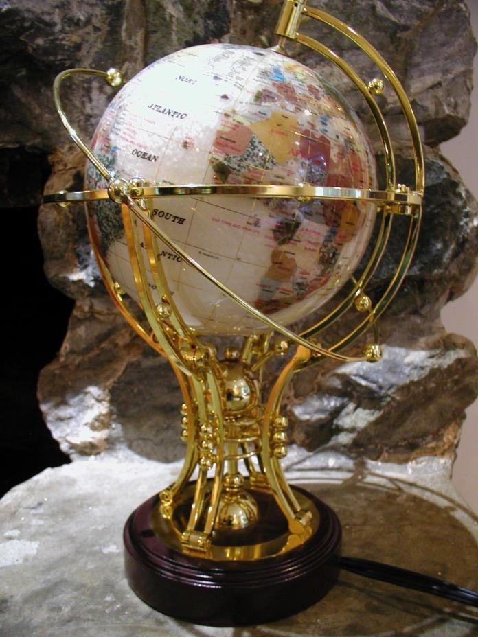 Vintage Brass World Globe Gemstone Motorized Illuminated Light Up Rotating NICE!