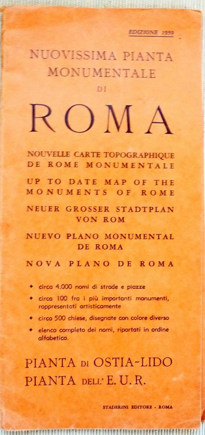 1959 LARGE ILLUSTRATED MAP OF ROME ITALY Color Drawings of Monuments with cover
