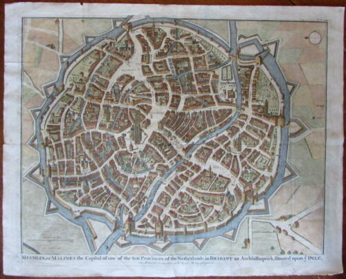 Mechelen Malines Brabant Belgium c. 1740 Basire engraved large city plan map