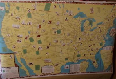 VINTAGE CANVAS BACK PULL DOWN MAP. PICTORAL MAP OF LITERARY DEVELOPMENT IN U.S.