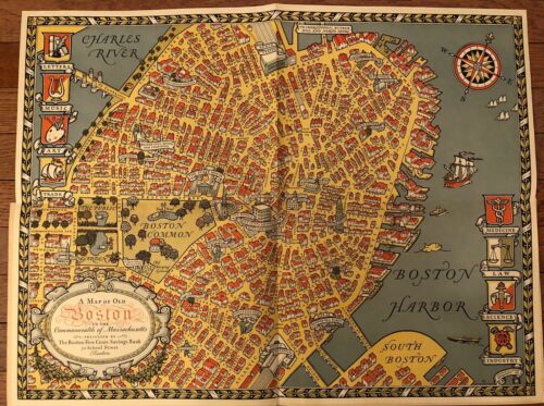 Original 1929 Pictorial Map of BOSTON Massachusetts Charles Capon