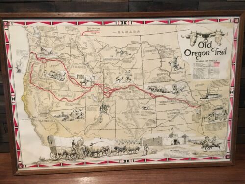 Vintage Framed 1948 Old Oregon Trail map poster Shope Indians Wagons Gold