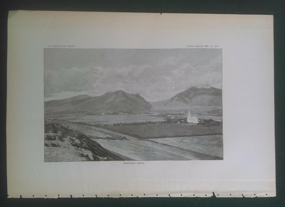 Original 1883 Wailuku Maui Hawaii Lithograph with Church