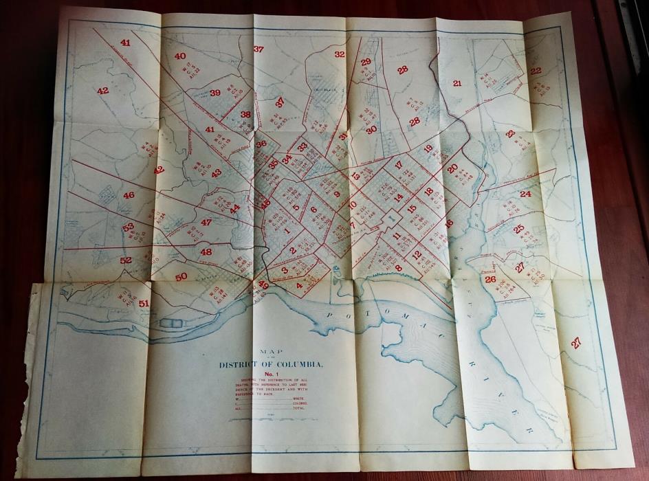 Late 1800's Map DC Showing Distribution of Death Reference to Race White Colored