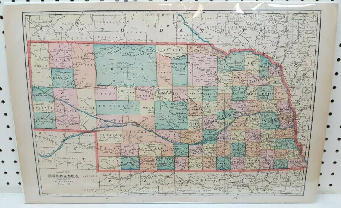 1900 Nebraska State Map w/ RR Geo F. Cram Antique