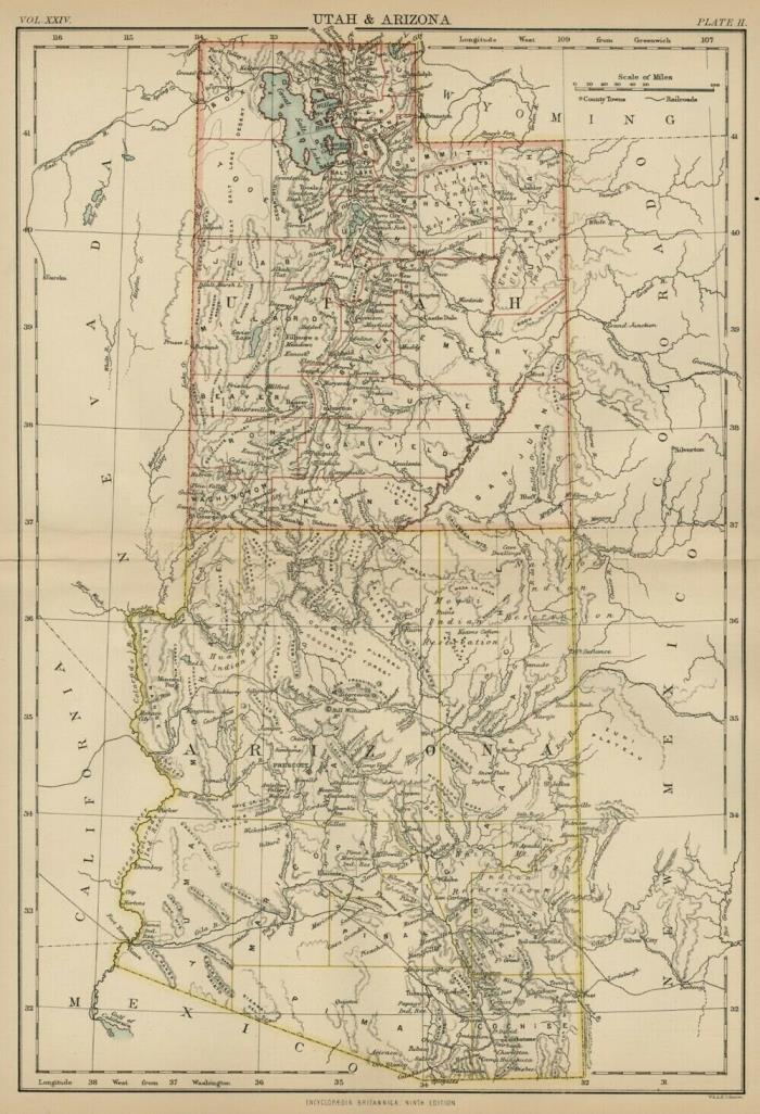 Utah & Arizona Terr.: Authentic 1876 Map: Counties, Cities, RRs: W & AK Johnston