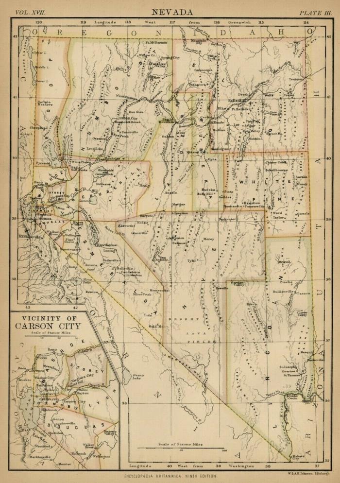 Nevada: Authentic 1876 Map: Counties, Cities, Topography RRs: W & AK Johnston