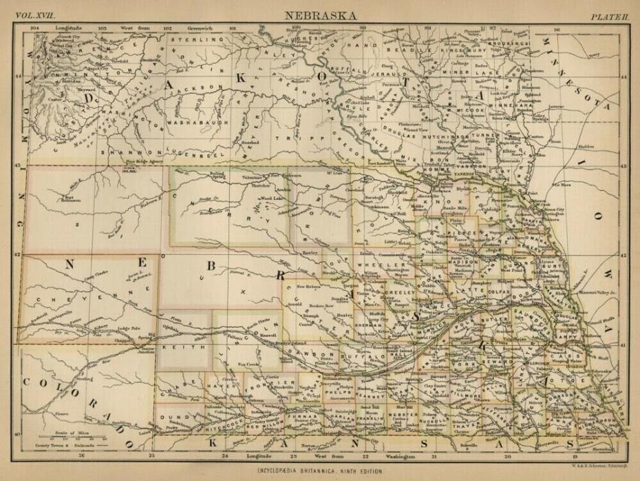 Nebraska: Authentic 1876 Map: Counties, Cities, Topography RRs: W & AK Johnston