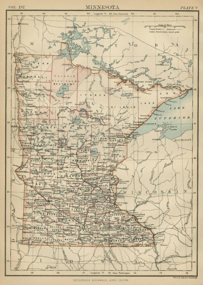 Minnesota: Authentic 1876 Map w/ Counties, Cities, Topog. RRs: W & AK Johnston