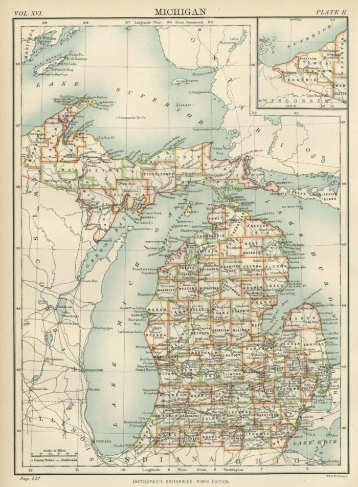 Michigan: Authentic 1876 Map: Counties, Cities, Topography, RRs: W & AK Johnston