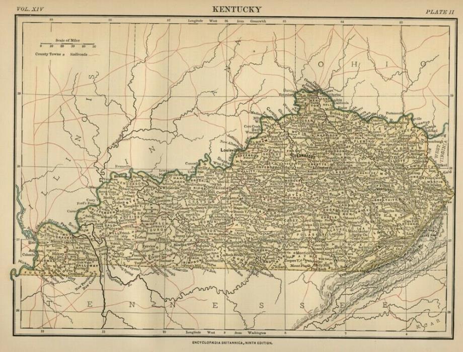 Kentucky: Authentic 1876 Map: Counties, Cities, Topography, RRs: W & AK Johnston