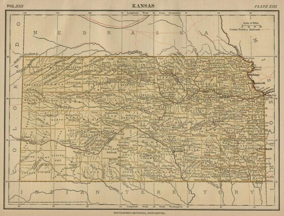 Kansas: Authentic 1876 Map: Counties, Cities, Topography, RRs: W & AK Johnston