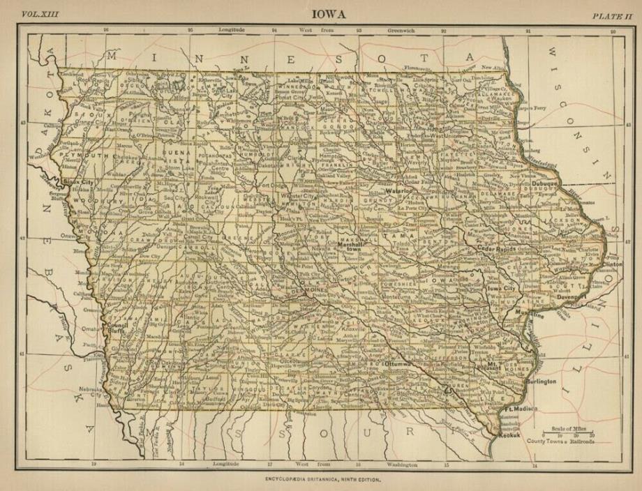 Iowa: Authentic 1876 Map: Counties, Cities, Topography, RRs: by W & AK Johnston