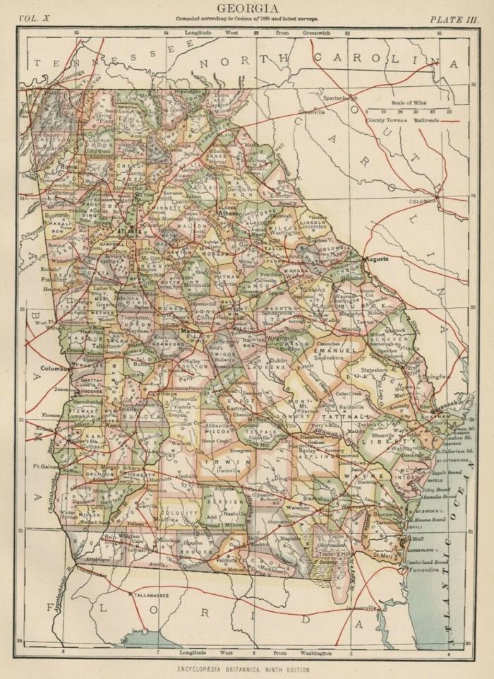 Georgia: Authentic 1881 Map with Counties, Cities, Topo, RRs: W & AK Johnston