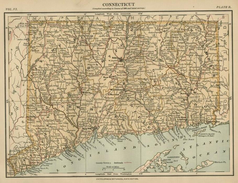 Connecticut: Authentic 1880 Map: Counties, Cities, Topog, RRs: W & AK Johnston