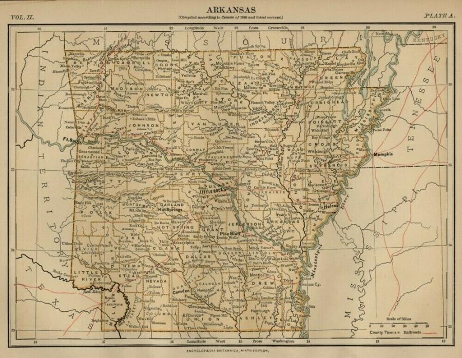 Arkansas: Authentic 1880 Map: Counties, Cities, Topography, RRs: W & AK Johnston