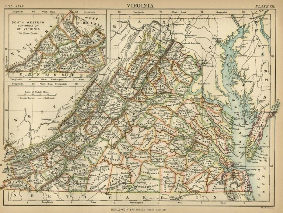 Virginia: Authentic 1876 Map: Counties, Cities, Topography, RRs: W & AK Johnston