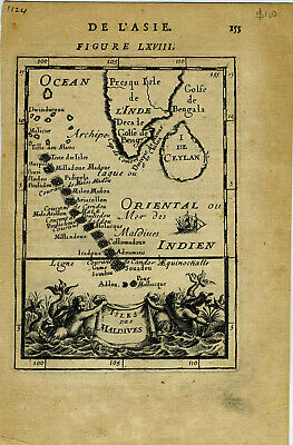 1683 Genuine Antique map Maldives, Ceylon, India. A.M. Mallet