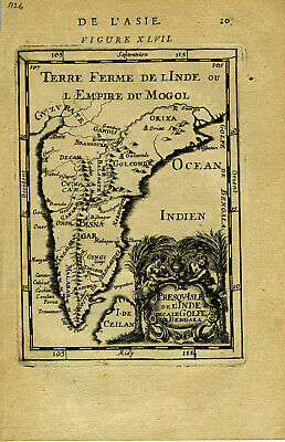 1683 Genuine Antique map India, Ceylon, elaborate cartouche. A.M. Mallet