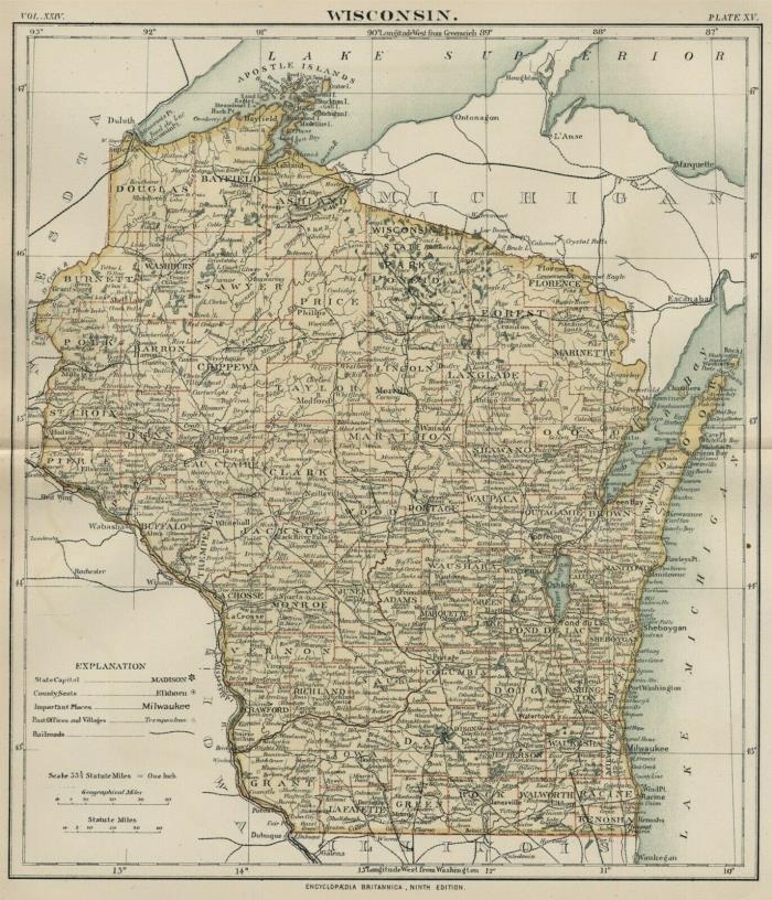 Wisconsin: Authentic 1889 Map showing Counties, Cities, Topography, Railroads