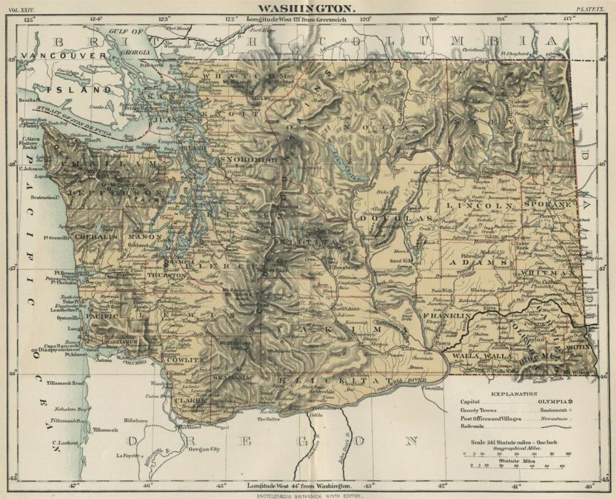 Washington: Authentic 1889 Map showing Counties, Cities, Topography, Railroads