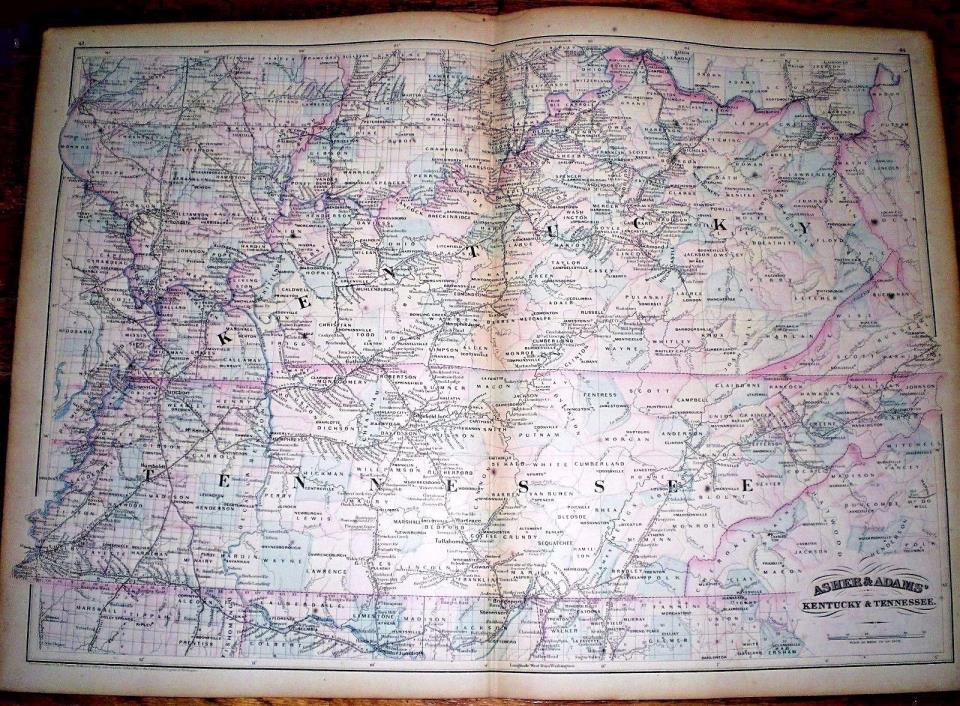 Large 1872 Hand Colored MAP of KENTUCKY & TENNESSEE ~ ASHER & ADAMS