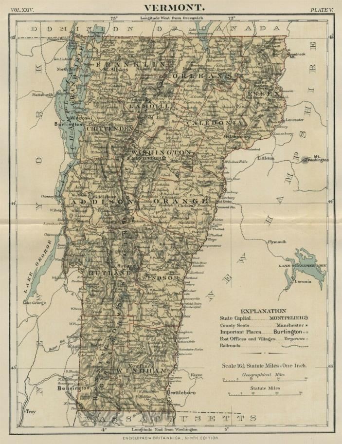 Vermont: Authentic 1889 Map showing Counties, Cities, Topography, Railroads