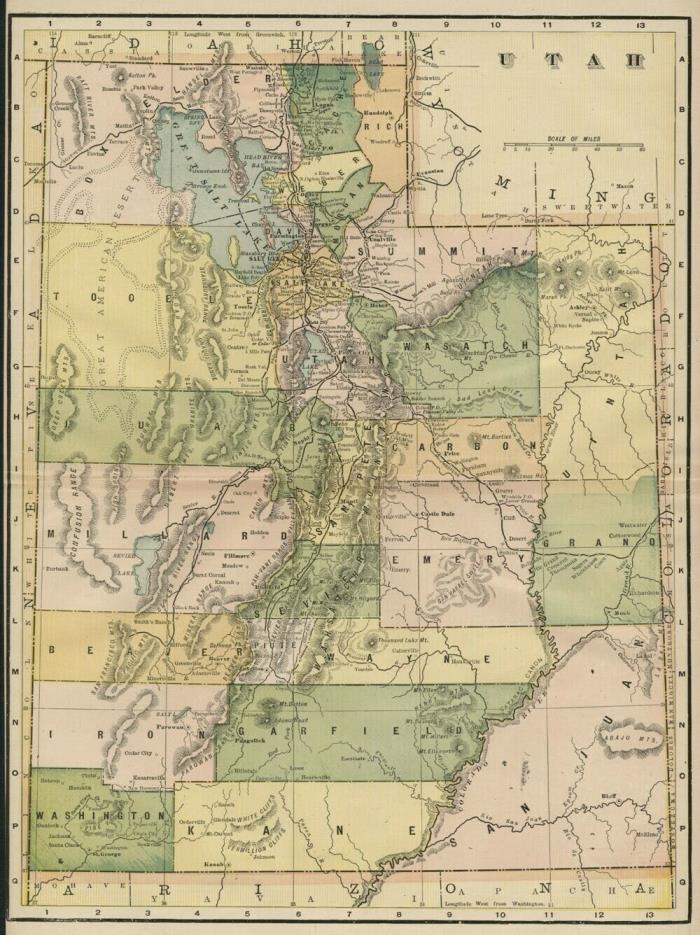 Utah: Authentic 1889 Map showing Counties, Cities, Topography, Railroads