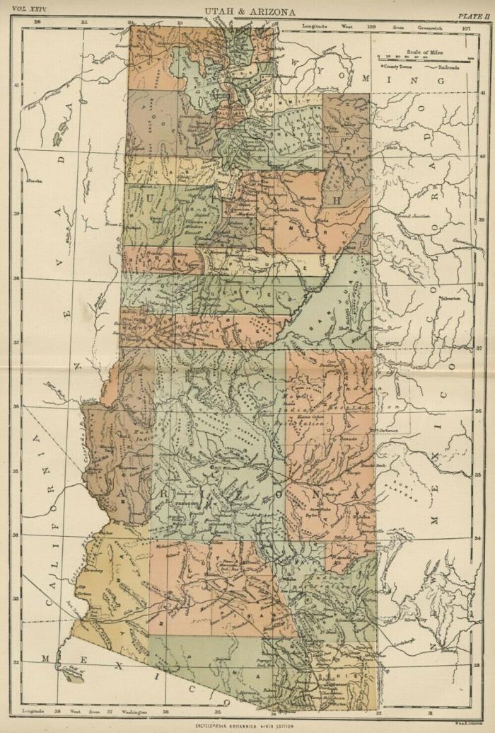 Utah & Arizona Territory: Authentic 1889 Map: Counties, Cities, Topography, RRs