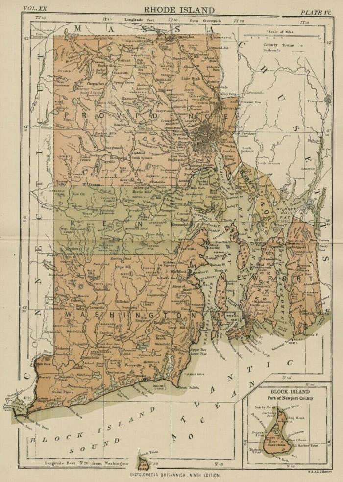 Rhode Island: Authentic 1889 Map showing Counties, Cities, Topography, Railroads
