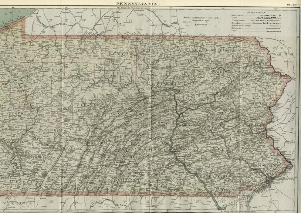 Pennsylvania: Authentic 1889 Map showing Counties, Cities, Topography, Railroads