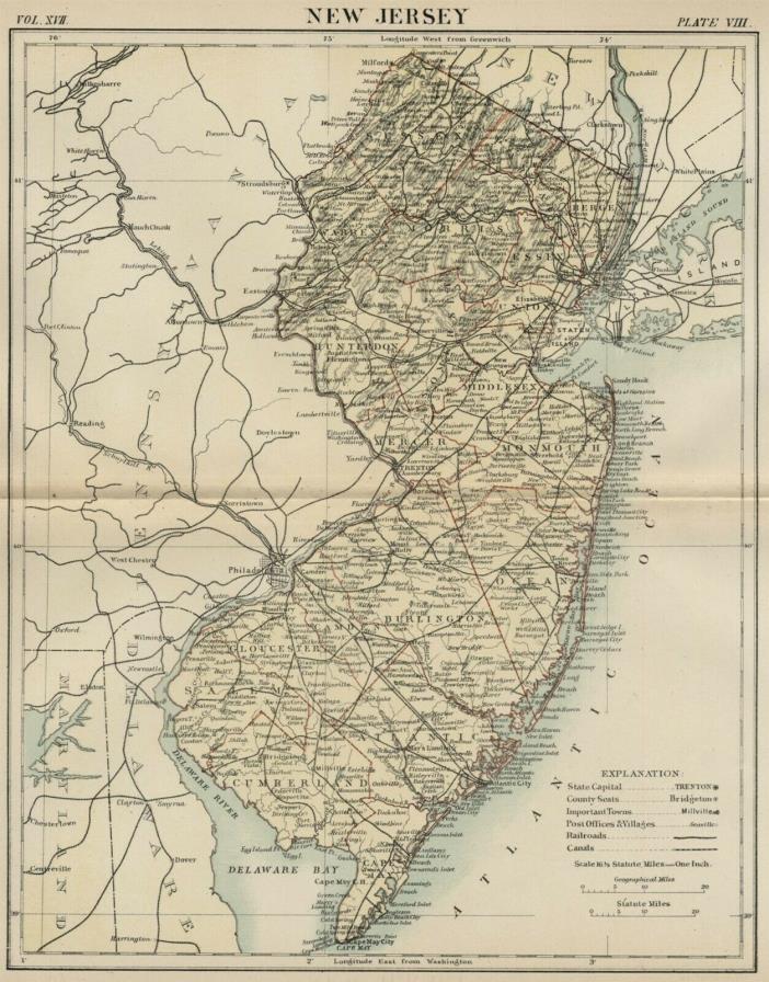 New Jersey: Authentic 1889 Map showing Counties, Cities, Topography, Railroads