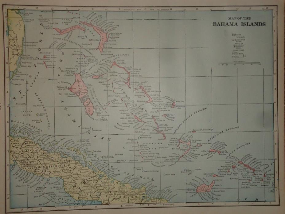 Vintage 1899 ~ BAHAMA ISLANDS MAP ~ Old Antique Original Atlas Map 010318