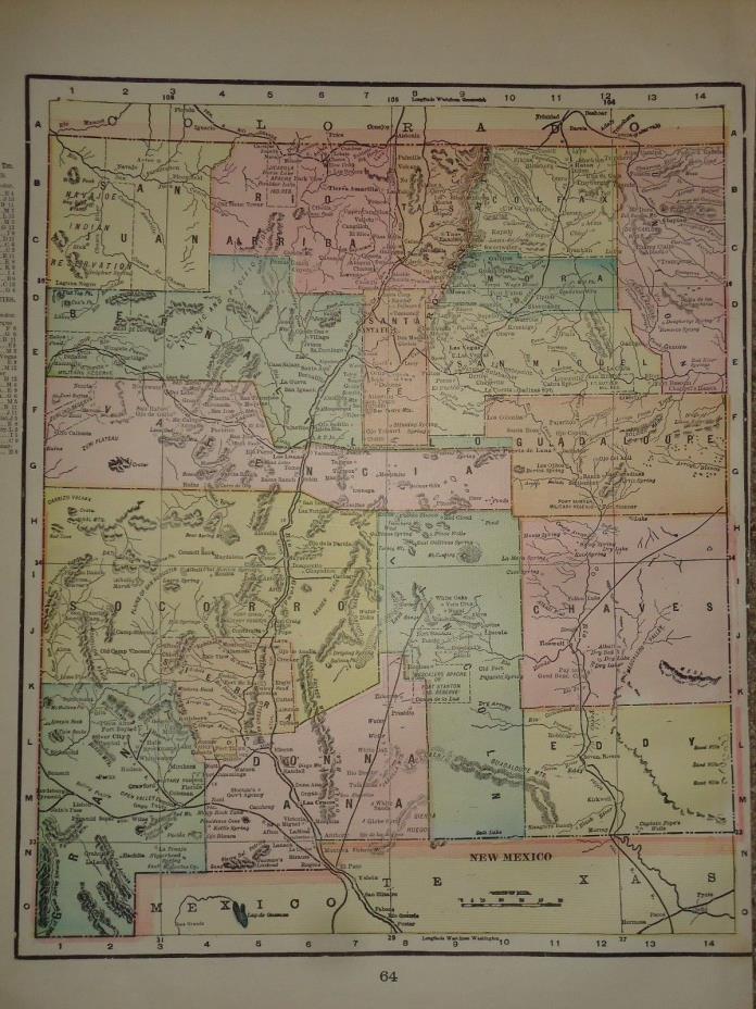 Vintage 1899 ~ NEW MEXICO TERRITORY MAP ~ Old Antique Original Atlas Map 010318