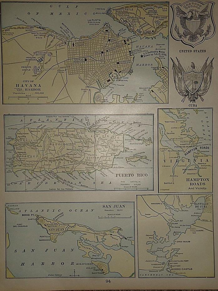 Vintage 1899 HAVANA -SAN JUAN HARBOR MAP ~ Old Antique Original Atlas Map 010318