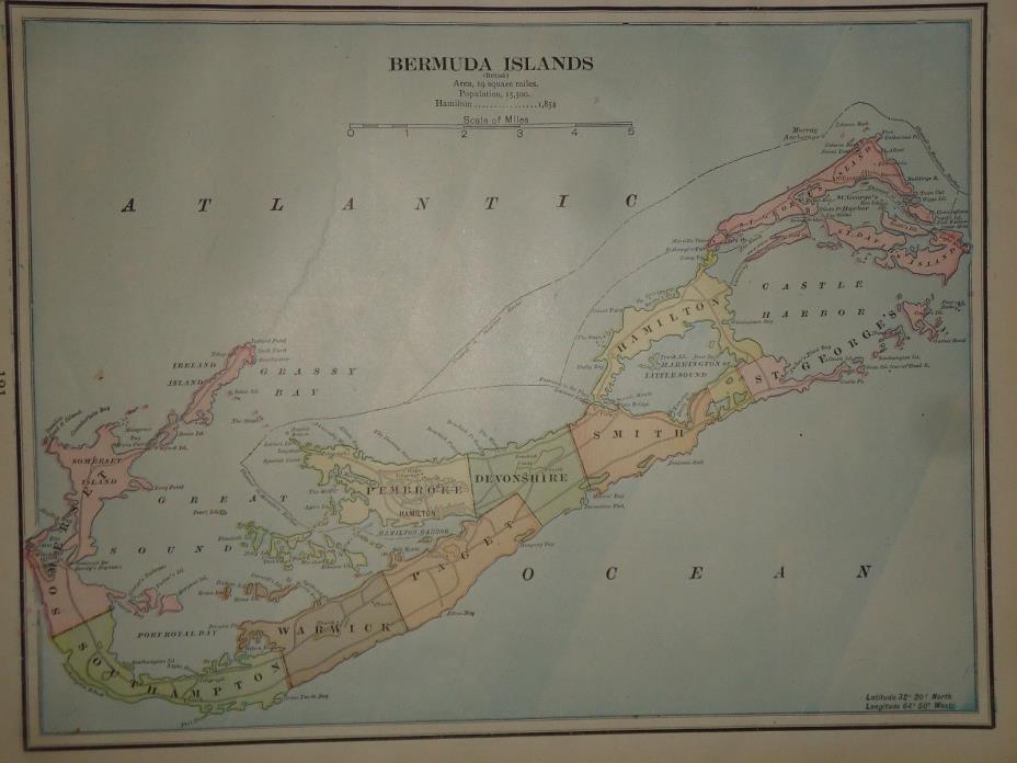 Vintage 1899 ~ BERMUDA ISLANDS MAP ~ Old Antique Original Atlas Map 010318