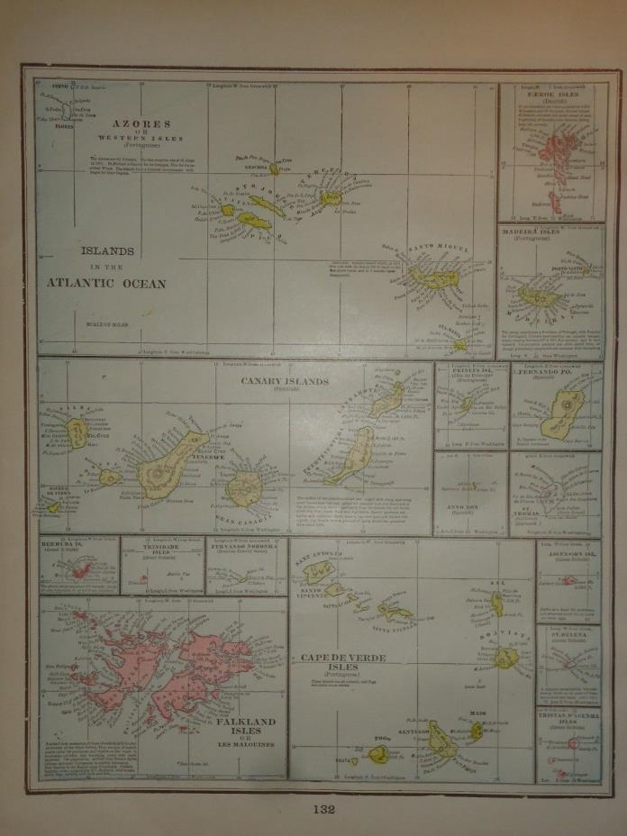 Vintage 1899 ~ ISLANDS of the ATLANTIC MAP ~ Old Antique Original Map 010318