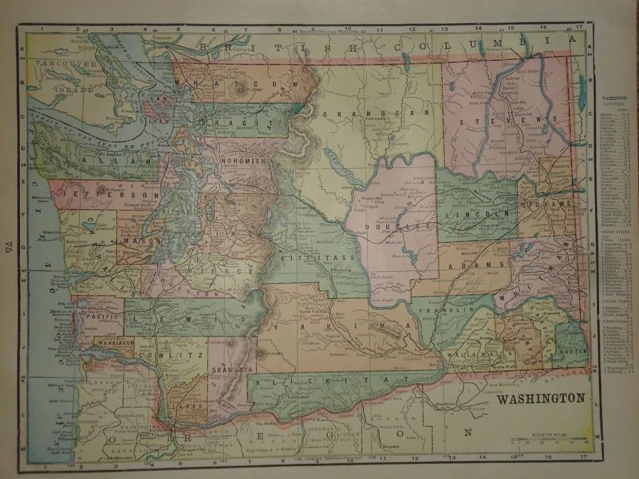 Vintage 1899 ~ WASHINGTON STATE MAP ~ Old Antique Original Atlas Map 010318