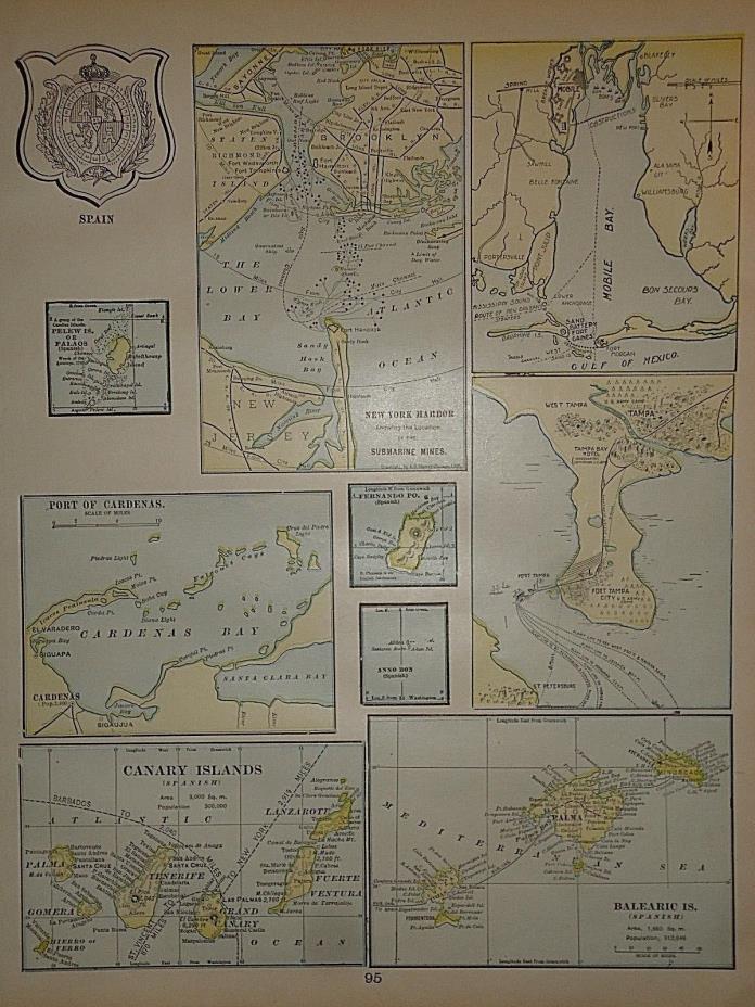 Vintage 1899 NEW YORK - TAMPA HARBOR MAP ~ Old Antique Original Atlas Map 010318