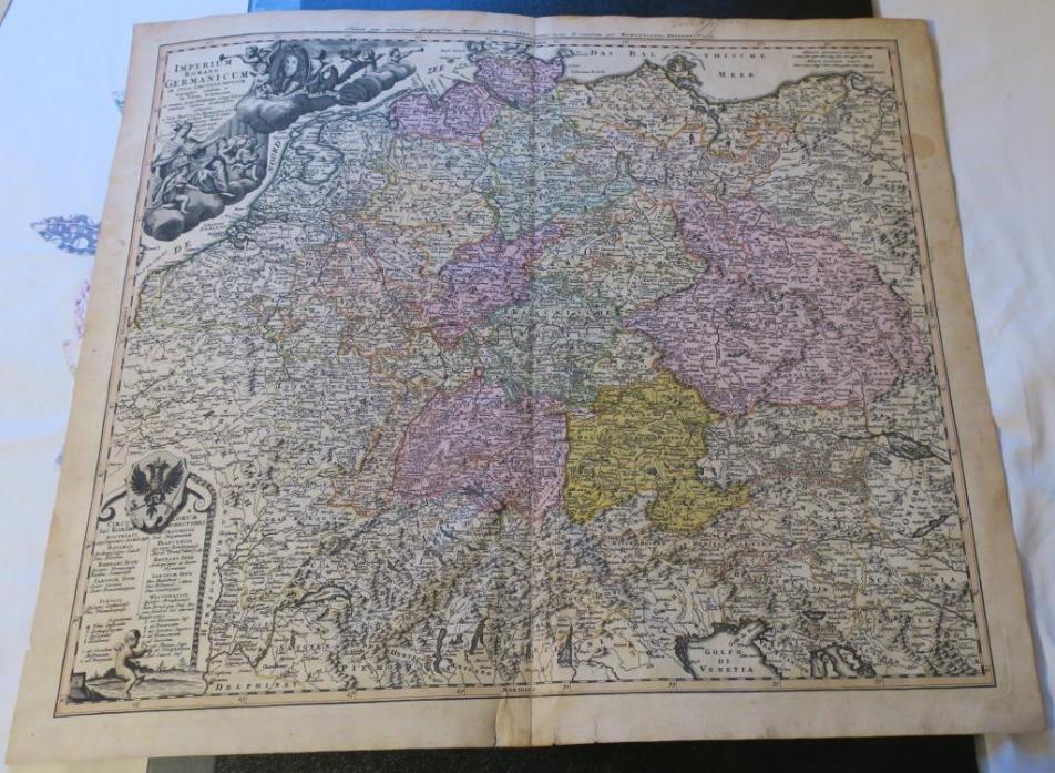 ORIGINAL 1732 Homann Heirs,Hubner hand-colored map,Roman germany, 24.5