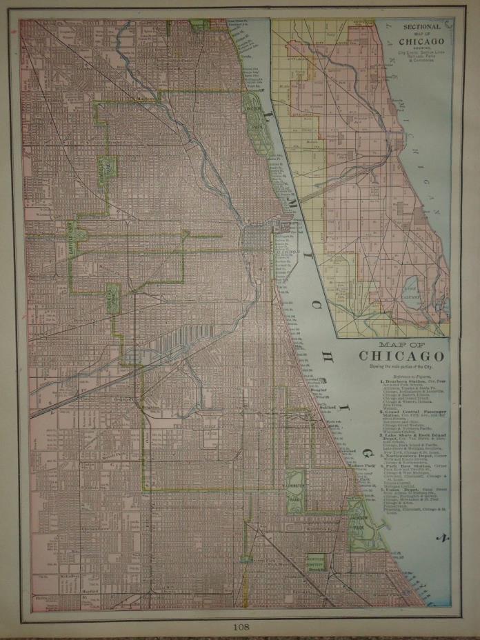 Vintage 1899 ~ CHICAGO MAP ~ Old Antique Original Atlas Map 010318