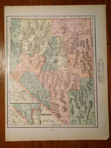 Vintage 1900 ~ NEVADA Map Antique TURN OF THE CENTURY Original 11