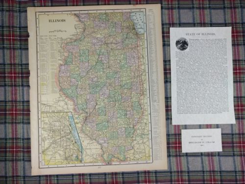 Vintage 1902 ILLINOIS Map Antique Original Chicago Cubs Bulls Old Bears MAPZ13