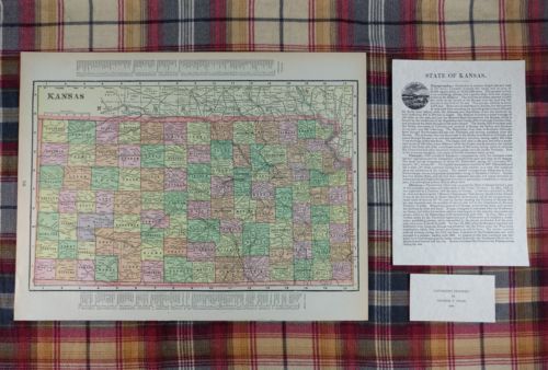 1900 KANSAS Map Antique TURN OF THE CENTURY! Original Chiefs Royals Old MAPZ16