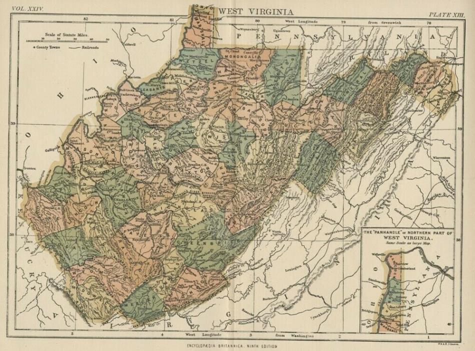 West Virginia: Authentic 1889 Map: showing Counties, Cities, Topography, RRs