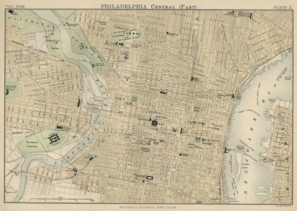 Philadelphia (Central): Authentic 1889 Map showing Streets, Landmarks, Railroads