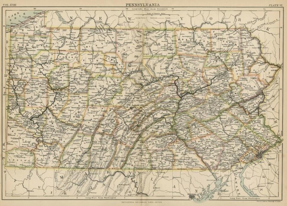 Pennsylvania: Authentic 1881 Map showing Counties, Cities, Topography, Railroads