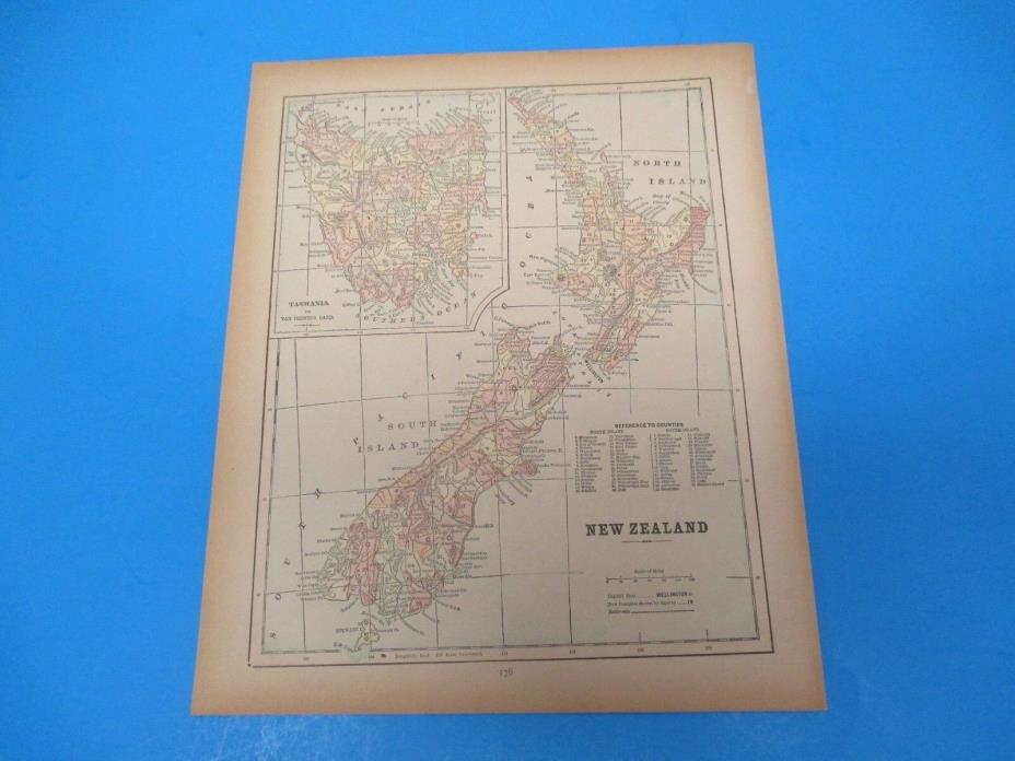 1893 Popular Atlas Map 1 page, New Zealand, Suitable to Frame, Color