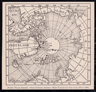 1904 Vintage maps Arctic & Antarctica b&w engraved illustration